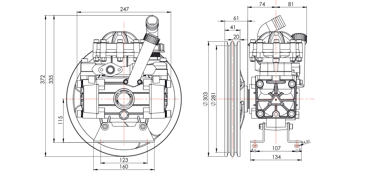 MTS-230 K - 2 Membranlı Kasnaklı Pompa Teknik Resim