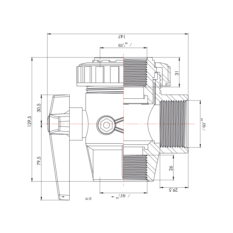 Plastik Küresel Vana 3 Yollu Teknik Resim